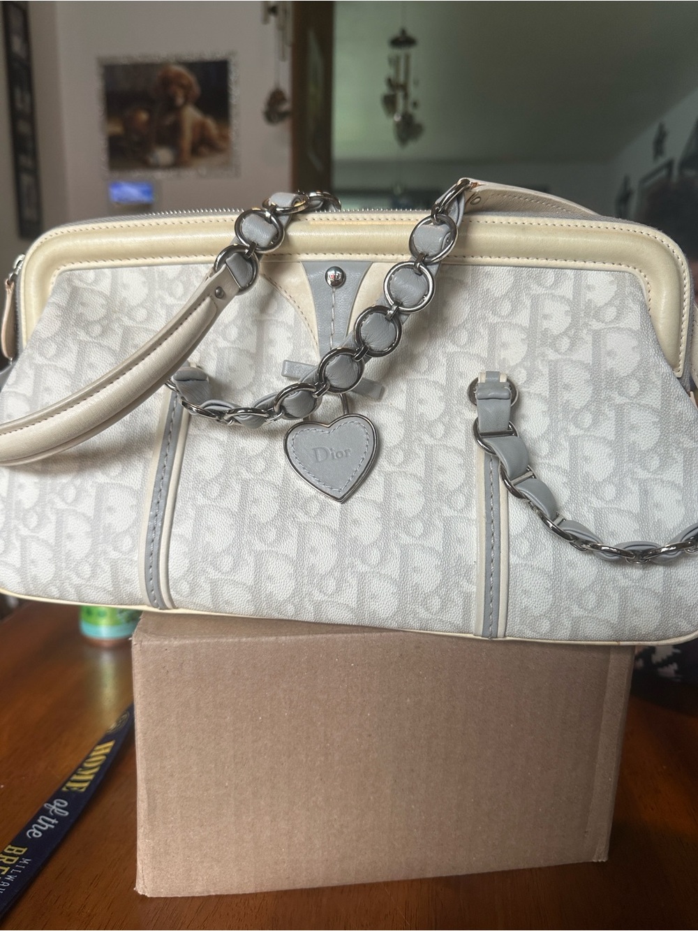 Dior Cream and Light Gray Logo Canvas Shoulder Bag with Chain and Heart Charm